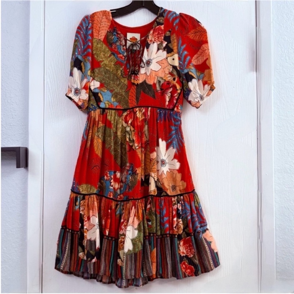 Farm Rio Bordado Flores Tropical Boho Tiered Red Dress Size Xs